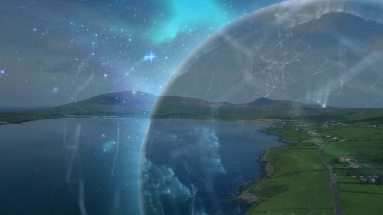 Starry sky and glowing network animation over serene coastal landscape