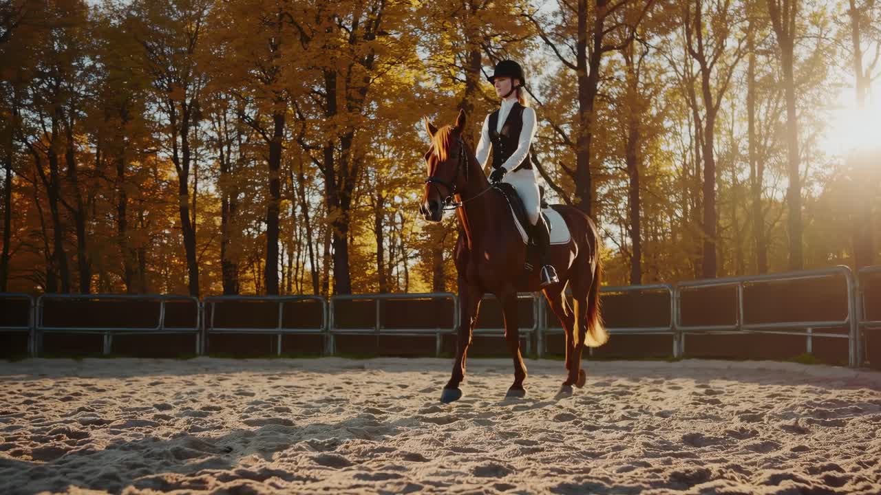 Una serena scena video di un cavaliere a cavallo in un'arena autunnale