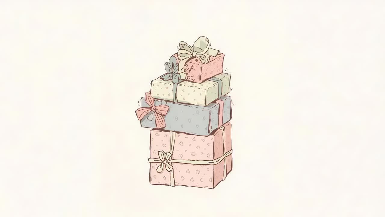 Stack of five wrapped gift boxes wobbling, shifting right on cream backdrop during pan, copy space