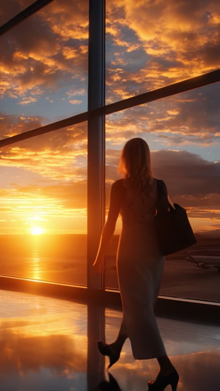 Cautivadora vista del atardecer desde la ventana del aeropuerto con la silueta de una mujer contra un cielo vibrante y reflejo en el cristal, evocando sentimientos de serenidad y aventura.