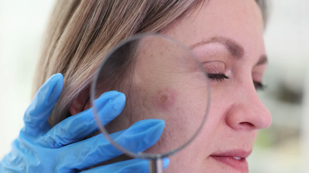 Close-up of skin examination with magnifying glass