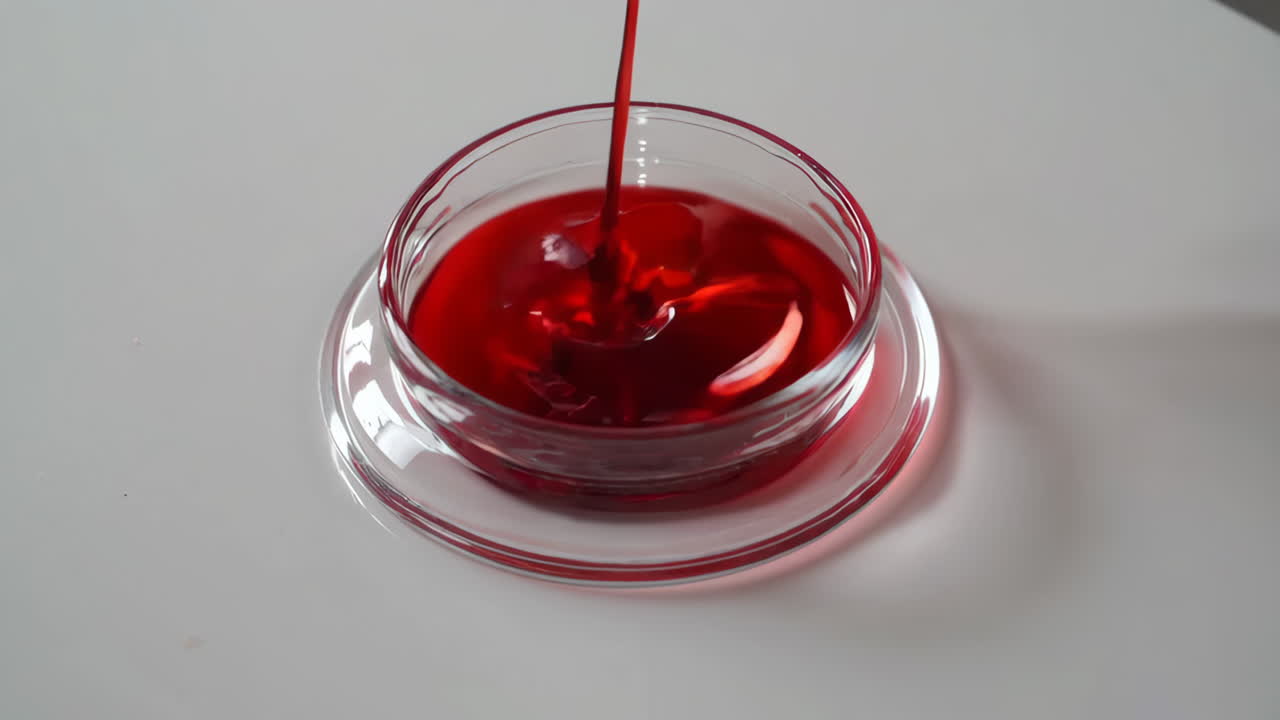 Red Liquid Pouring into a Small Glass Bowl