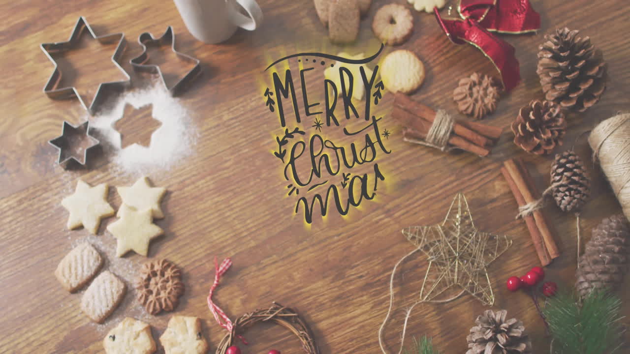 Animation of merry christmas text over christmas decorations background