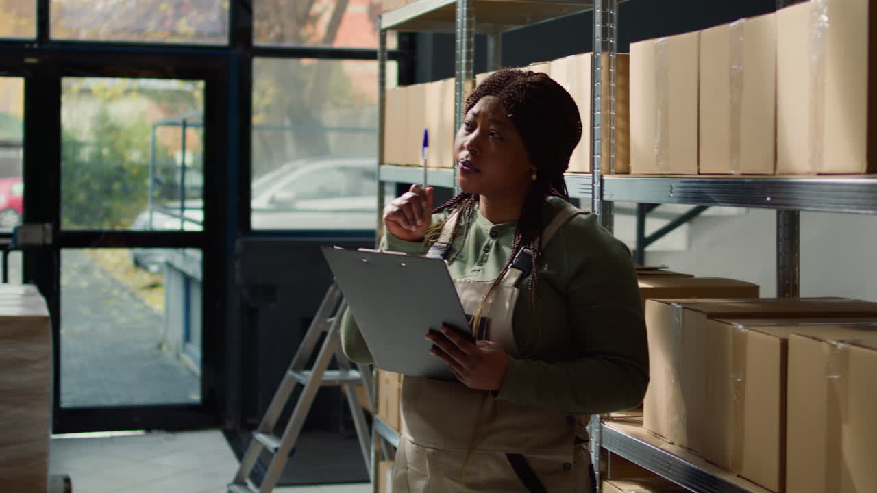 Woman Inspecting Inventory in Warehouse