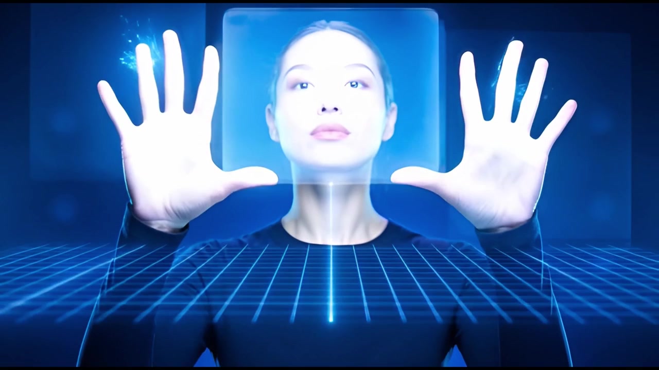 Young Woman Interacting with Futuristic Holographic Interface and Data
