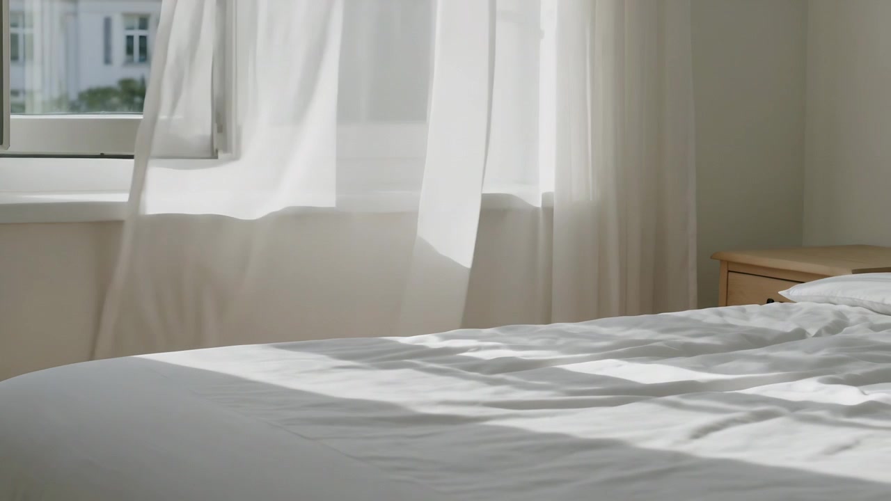 Brezza attraverso una finestra aperta che fa ondeggiare la tenda, proiettando una luce increspata su un letto rifatto a casa