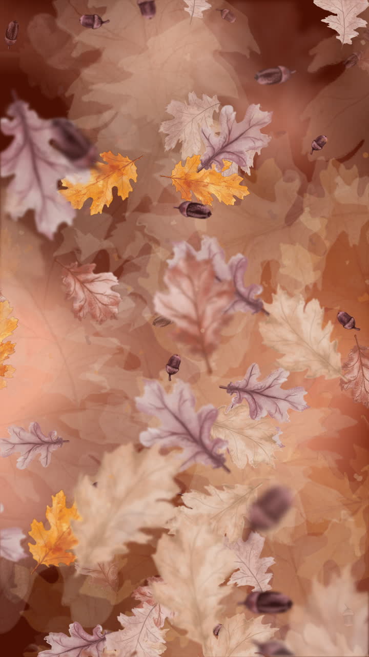 Autumn background design with watercolor texture. Falling oak leaves. Abstract art brown wallpaper design. Looped. Vertical video.