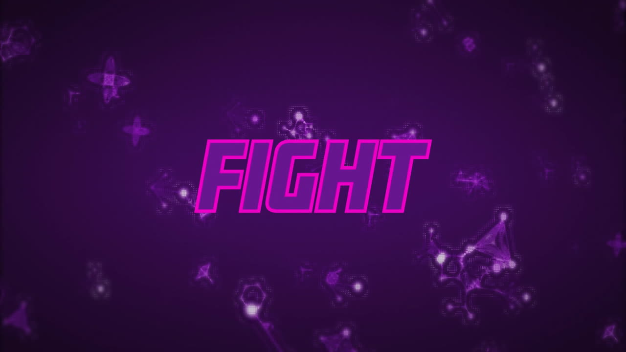 추상적인 모양과 입자로 보라색 배경에 텍스트 애니메이션을 싸우십시오.