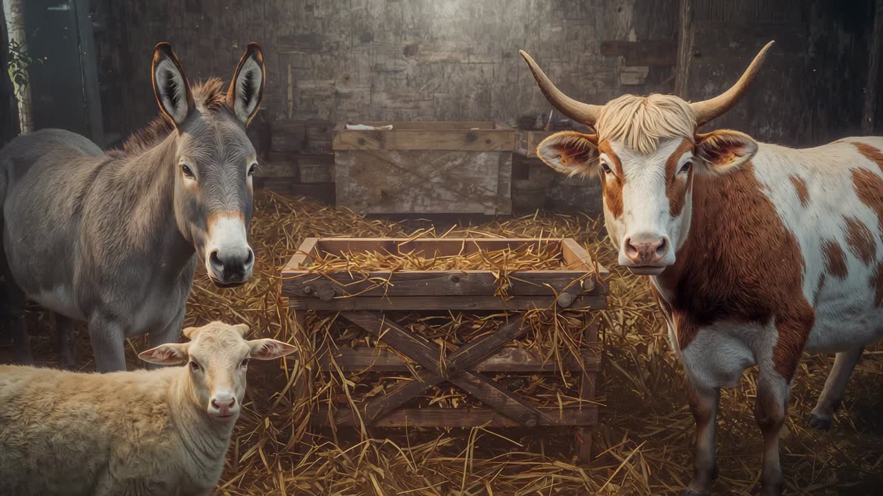 Donkey, sheep and cow shifting gazes toward camera inside rustic barn stall, with wooden hay trough