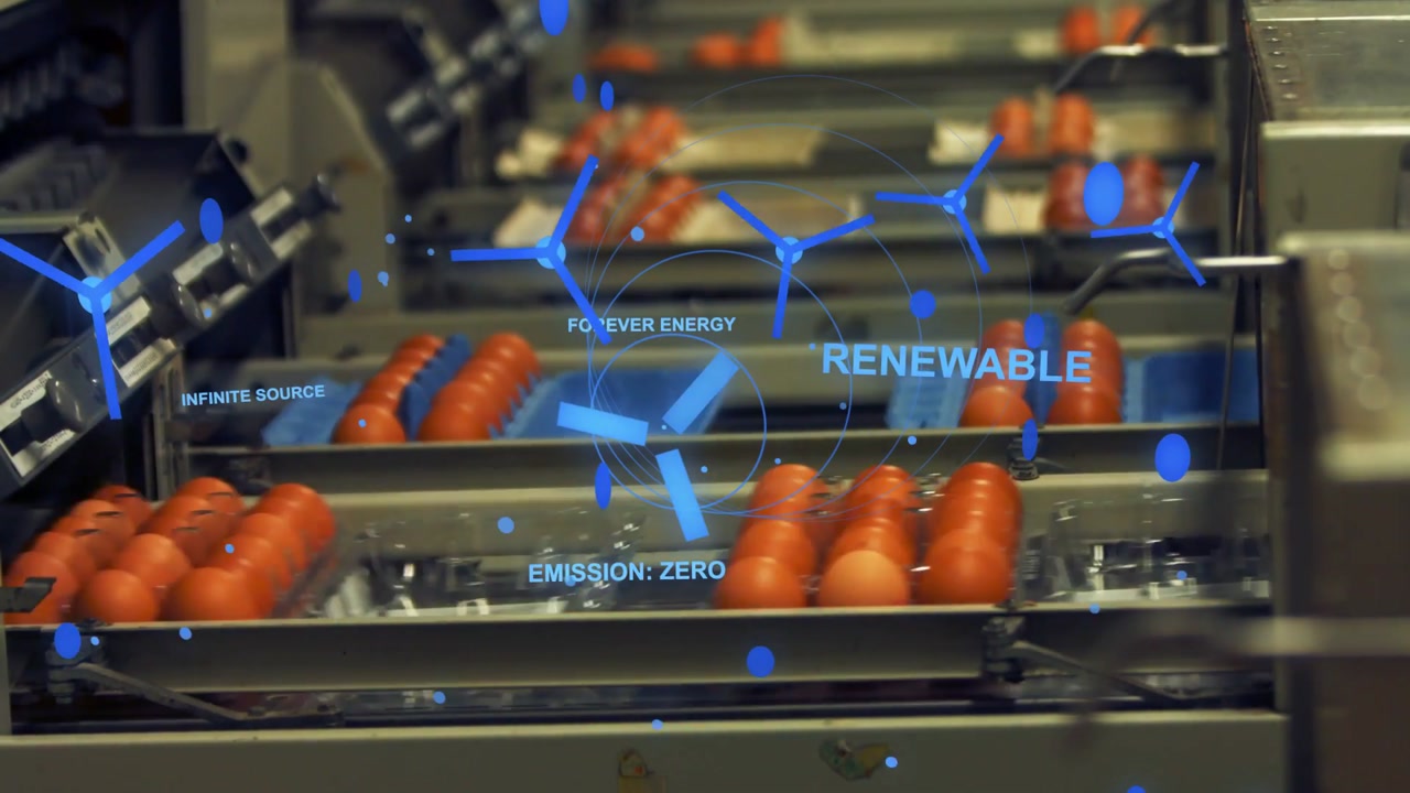 Starting motor driving brown eggs advancing on metal conveyors in packing plant, with blue overlay