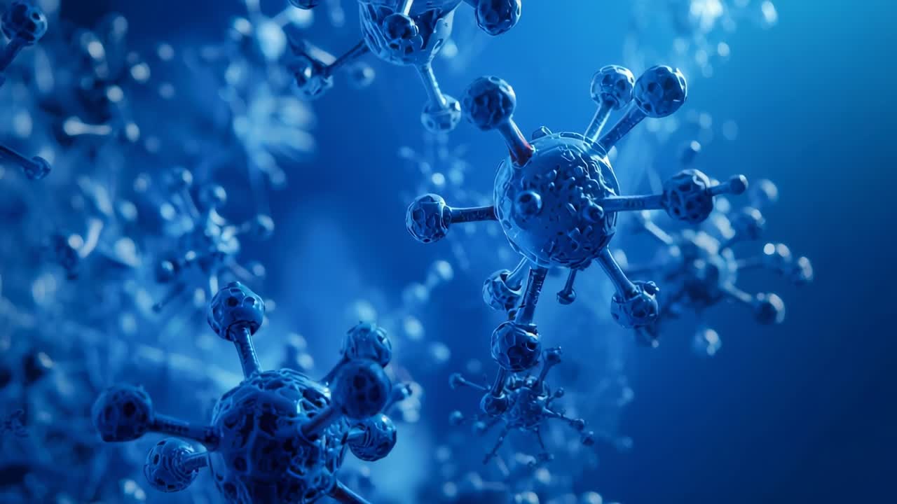 Pulling camera and tilting, revealing spiky spheres drifting in blue fluid with molecular filaments