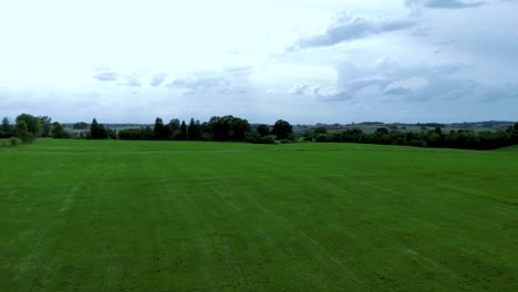 fly around green grass field, natural landscape near village by aerial footage