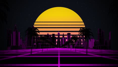 estilizado vintage fondo de animación 3d con ciudad moderna, palmeras, sol y estrellas brillantes. 80s retro futurista ciencia ficción bucle sin costuras
