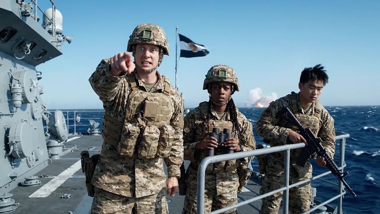 Personale militare su unità navale osserva l'orizzonte oceanico con strumenti di precisione ed equipaggiamento tattico per la consapevolezza situazionale e la sicurezza.