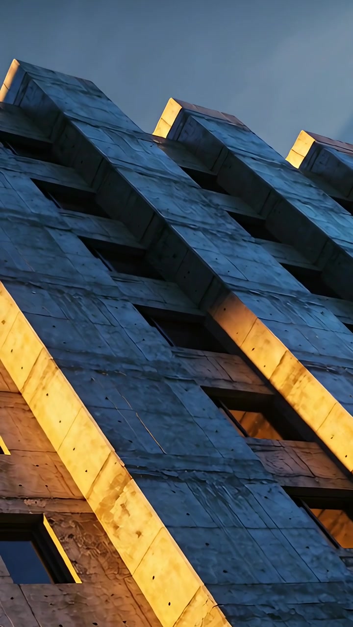 Vertical video: Tilting camera at low angle, showing concrete facade ribs, lit caps to show texture