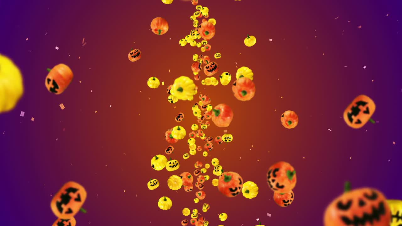 많은 오렌지색과 노란색의 호박을 날아다니며, 그라디언트 배경, 미소로 만화 얼굴, 할로윈 휴가에 대한 3d 애니메이션, 루프 애니메이션.