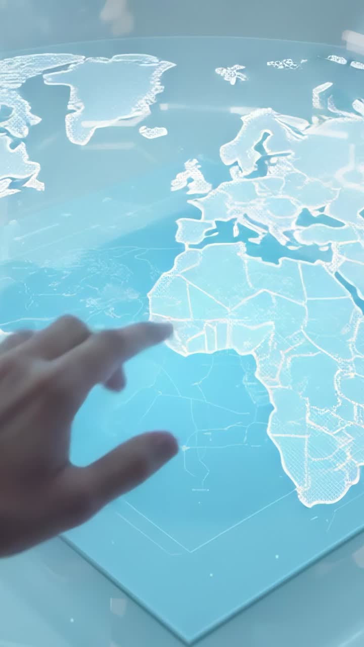 Vertical video: Appearing hand touching hologram map on transparent table drawing route, copy space