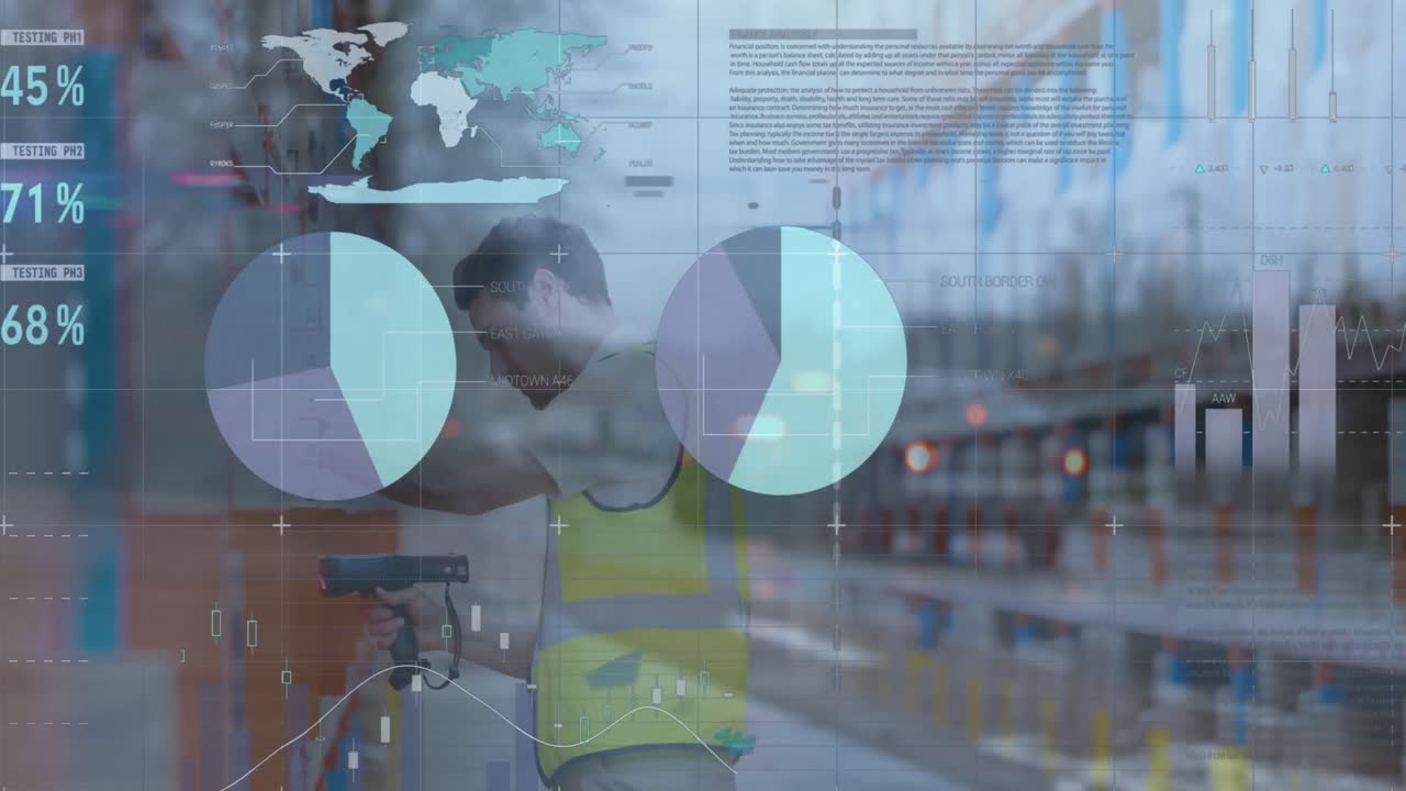 animación de gráficos y datos financieros sobre un trabajador de almacén caucásico