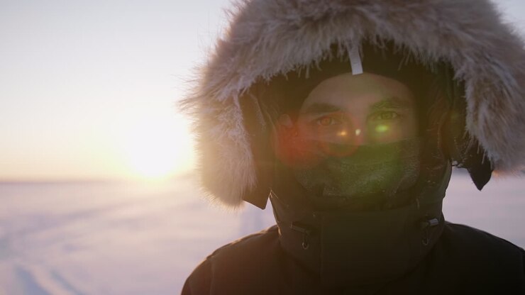 Ritratto al rallentatore in inverno al tramonto di un uomo in condizioni di gelo