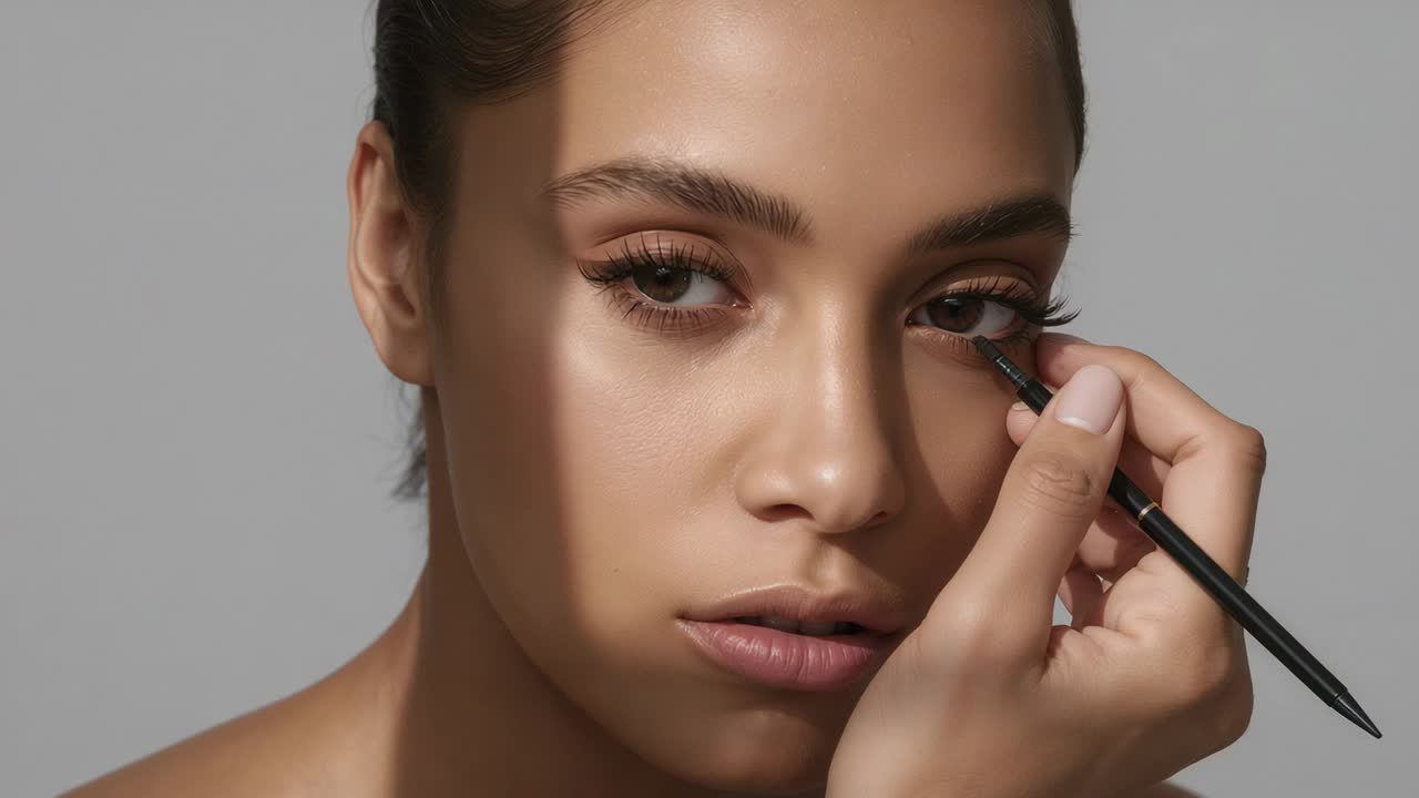 Entering frame artist drawing winged liner with black pencil along model eye in set showing lashes