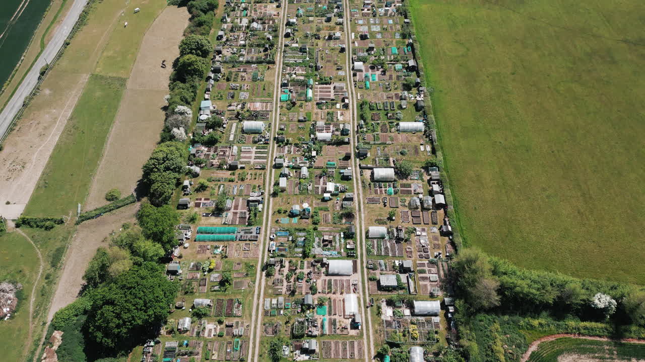 Allotments in the UK, drone flyover, forward motion.