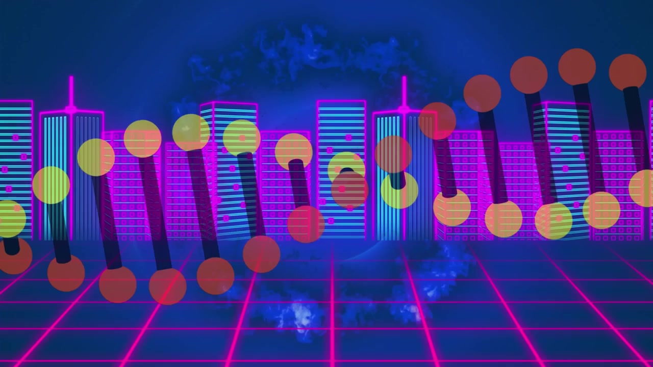Animazione di un filamento di DNA su una città digitale.