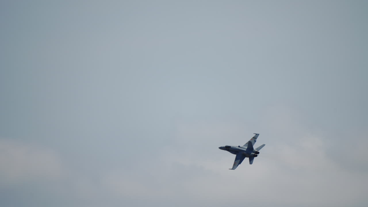 Military jet fighter flying in the sky in slow motion