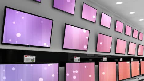 Animation-of-rows-of-television-sets-in-store-with-glowing-screens-with-copy-space