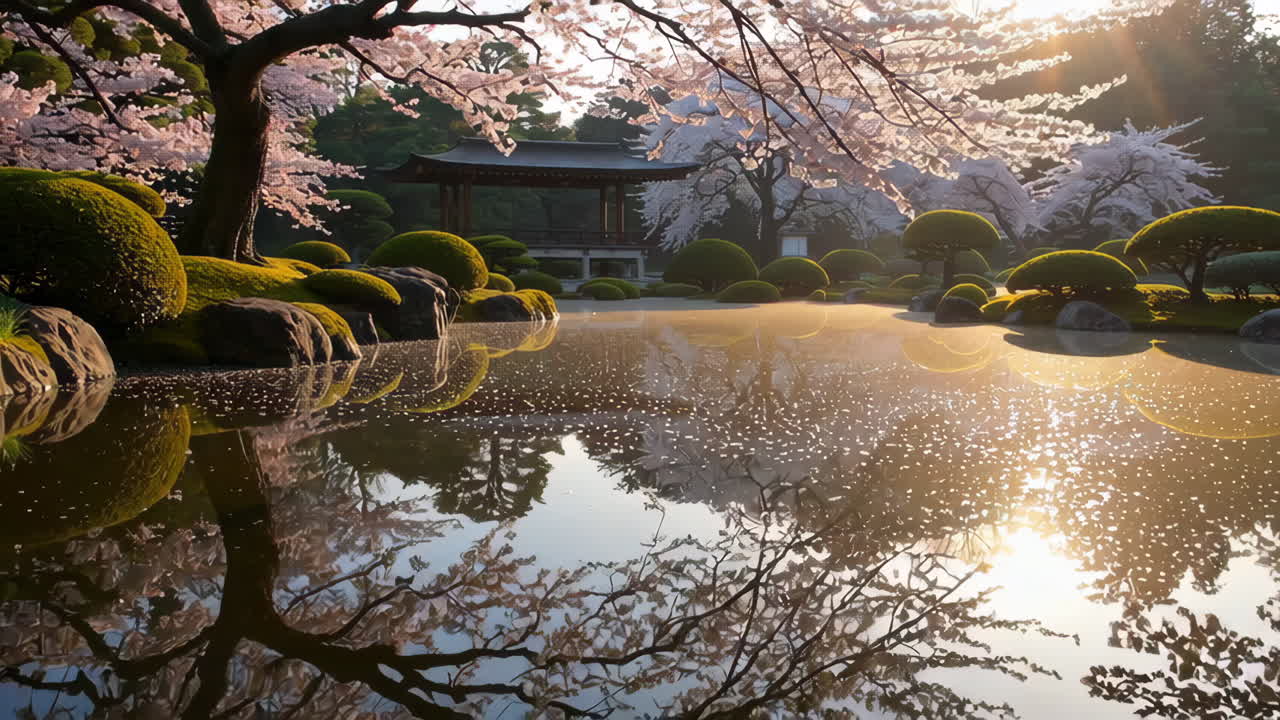 jardín japonés con flores de cerezo al amanecer