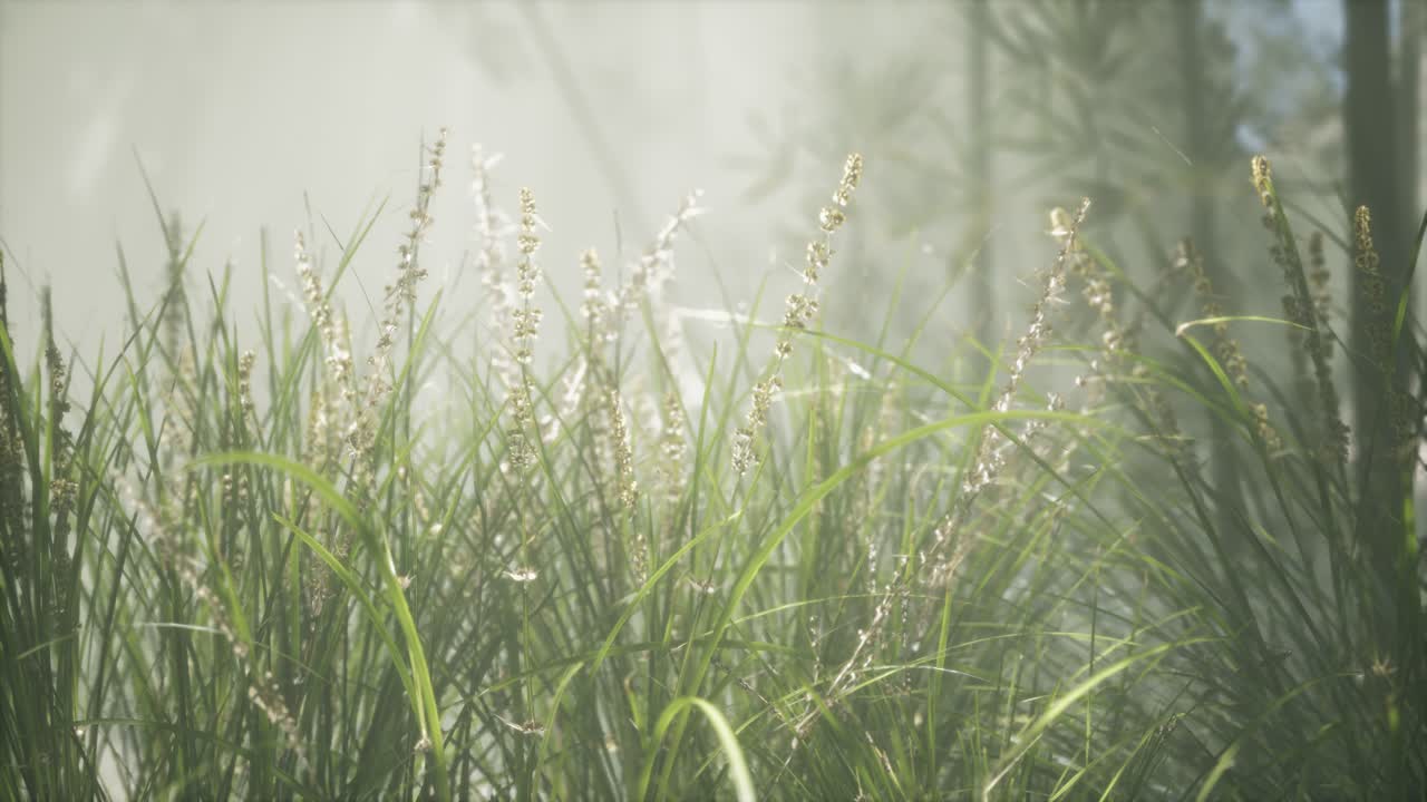 잔디 꽃 필드와 부드러운  ⁇ 빛을 배경으로.