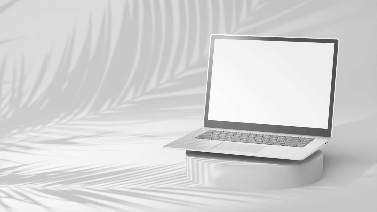 Elegant sølvfarvet bærbar computer på rund piedestal, tom skærm med palmetræsskygger på råhvid baggrund.