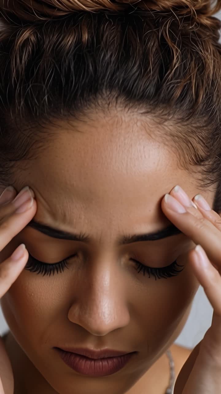 Una luce soffusa illumina il suo viso calmo e pensieroso. Le sue dita toccano delicatamente le tempie. Chiude gli occhi, immersa nei pensieri. La sua espressione mostra una tranquilla concentrazione e pace interiore. Ideale per benessere, meditazione.