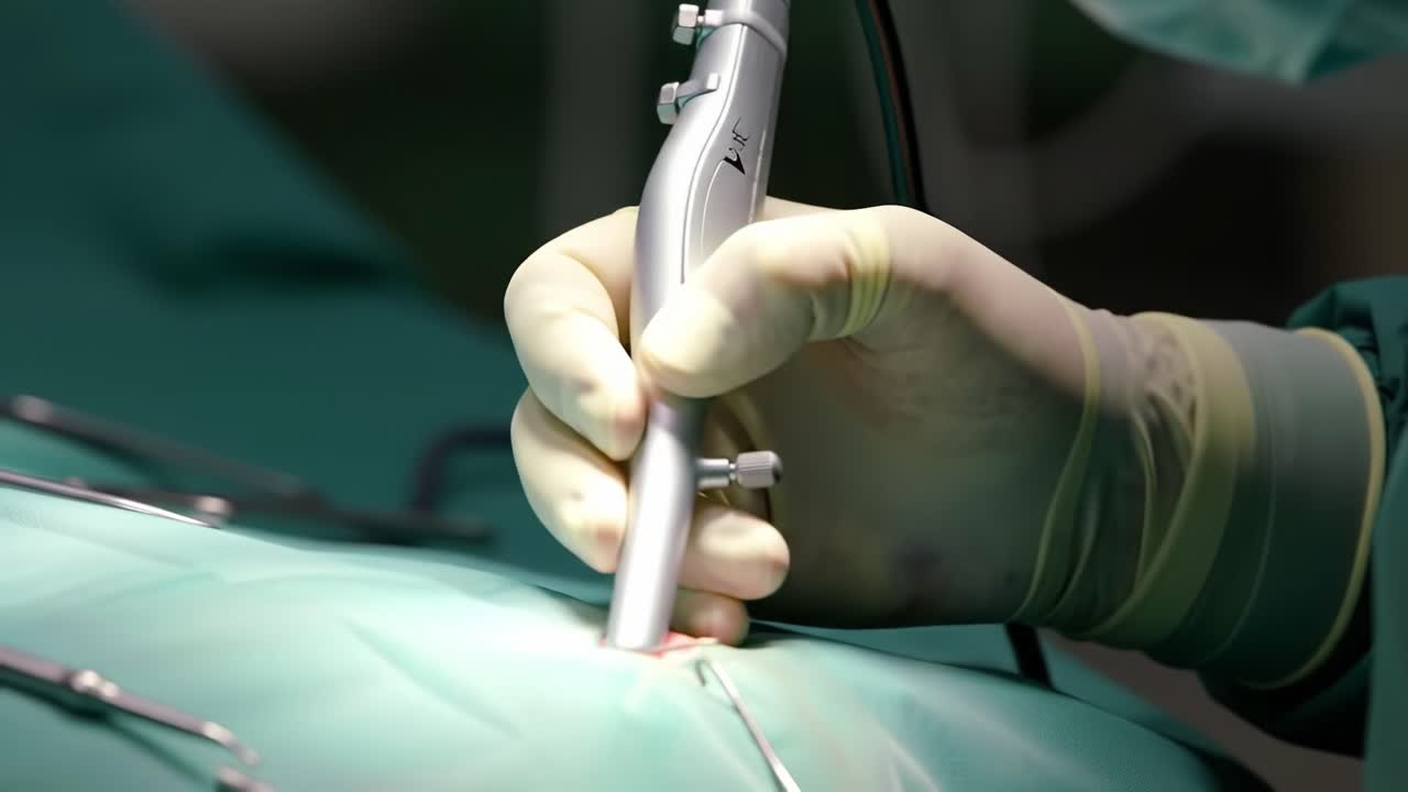 Intricate Surgical Procedure: Close-Up of a Surgeon’s Hand Using a Surgical Instrument on a Patient During an Operation