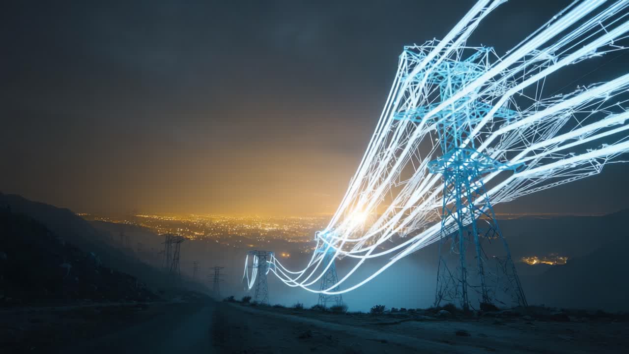 Ohromující zobrazení elektrického vedení osvětleného éterickými světelnými stopami za soumraku, které ukazuje krásu elektrické infrastruktury proti náladové obloze plné mraků