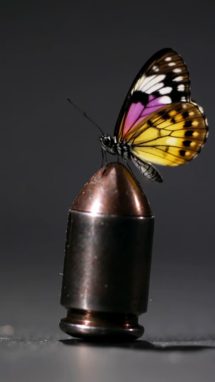 Video verticale: Farfalla in volo stazionario che atterra sulla punta di un proiettile di metallo su un tavolo, spostando l'equilibrio e facendolo cadere.