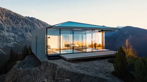 modern glass house on a mountain cliff