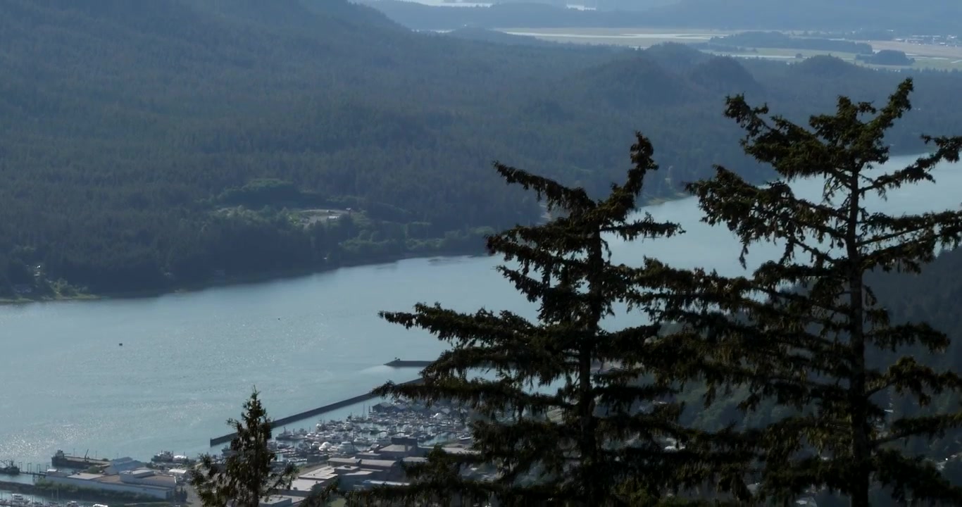 Juneau Goldbelt svævebanekabine daler langsomt ned til baseterminalen fra Mount Roberts. Smuk udsigt over Gastineau-kanalen og Mendenhall-vådområderne.