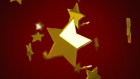 animation of christmas gold stars falling on red background