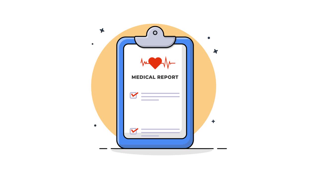 Referto medico animato su blocco appunti con frequenza cardiaca