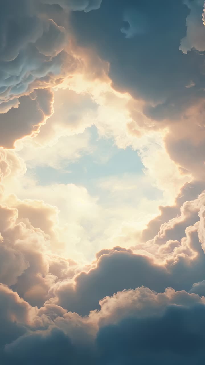 Vertical video: Forming small hole causing circular sunlit gap widening above cloud bank, rim light