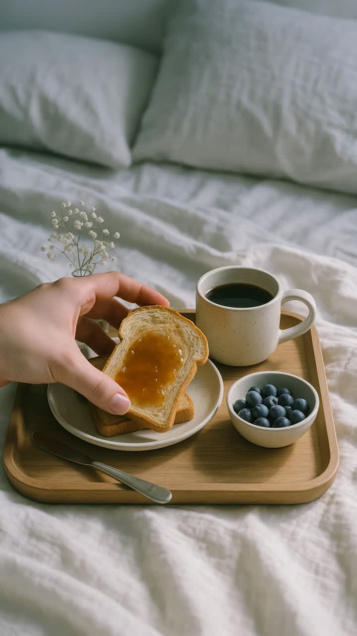 Una escena acogedora de un desayuno en la cama con un ángulo de cámara cenital