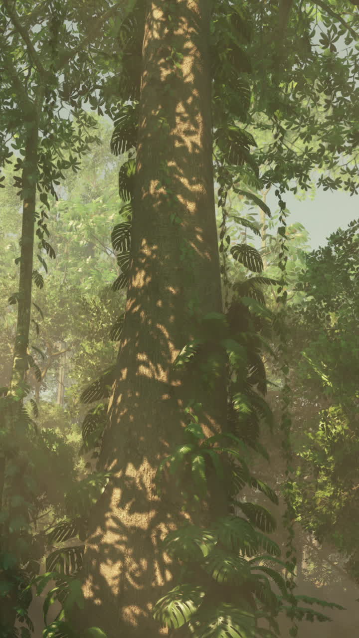 niebla de la mañana en la densa selva tropical