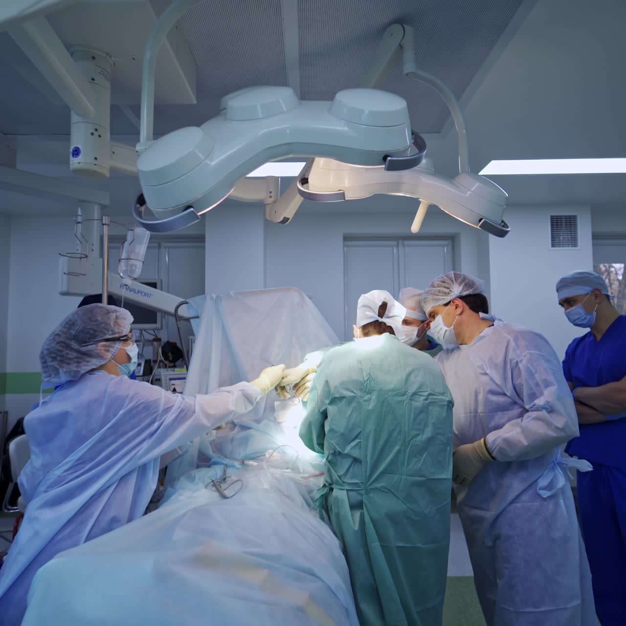 Professional medical specialists working together. Surgical team modern sterile work