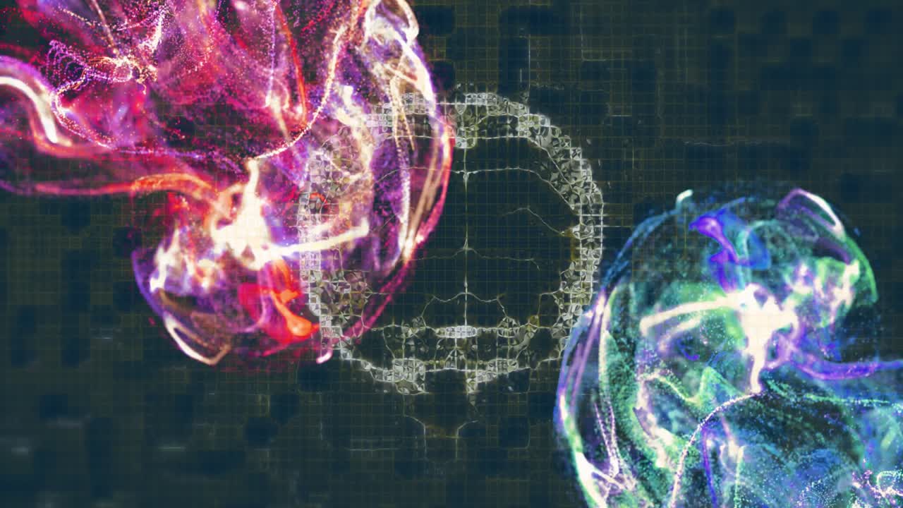 Navy grid appearing, wireframe brain emerging, magenta cyan clouds swirling visualizing energy flow