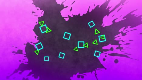 animación de cuadrados azules y triángulos verdes con pintura rosada salpicando sobre fondo negro