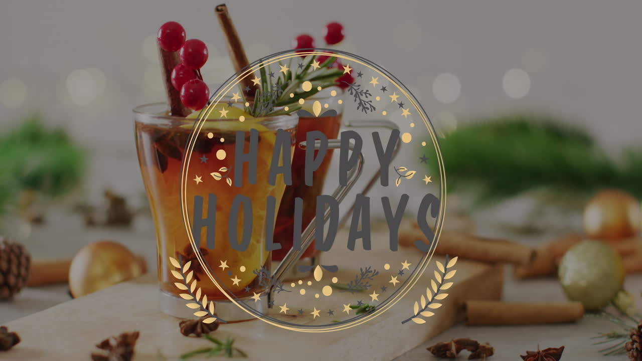 Animação de saudações de Natal texto sobre decorações de Natal