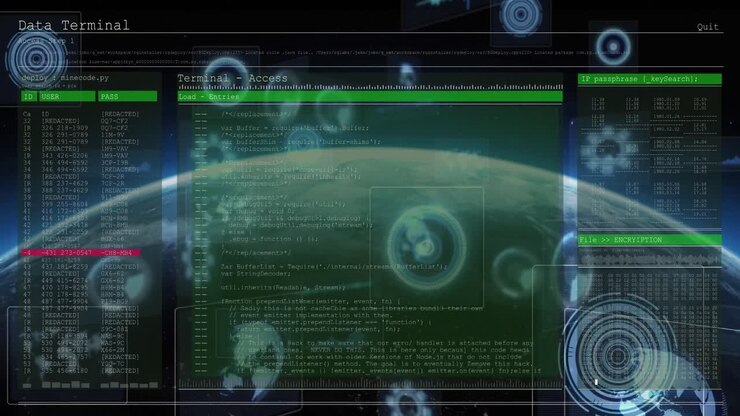 Animation of scopes scanning and data processing on screens over globe