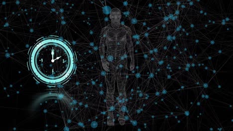animación de reloj en movimiento sobre moléculas y modelo humano caminante sobre fondo negro