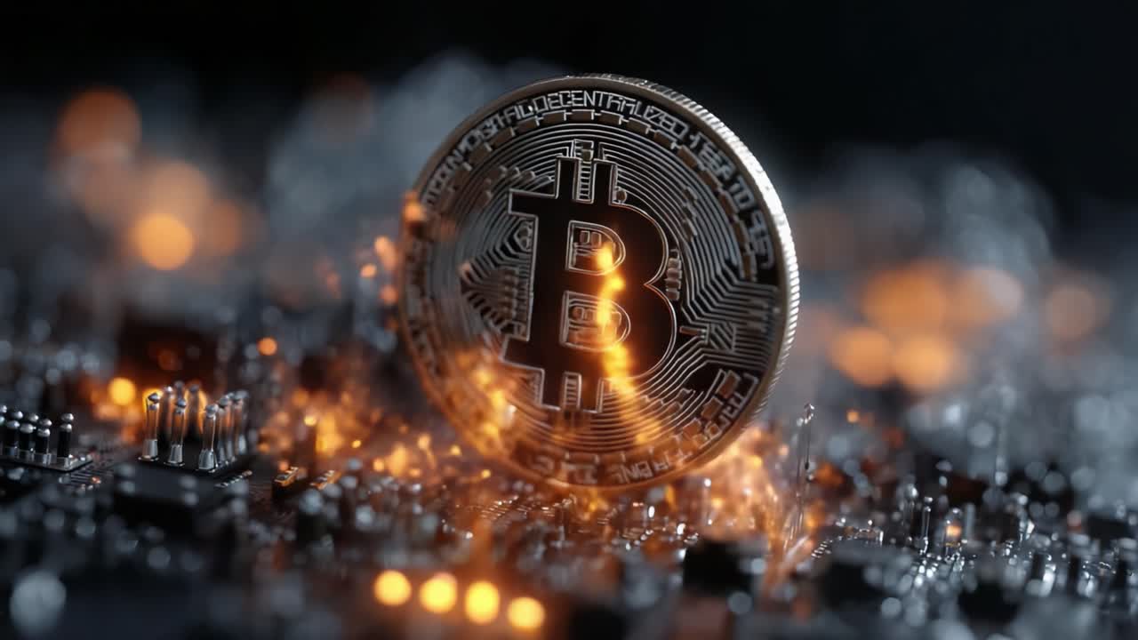 A visually striking close-up of a Bitcoin resting on a circuit board, emitting a glowing aura, symbolizing the intersection of digital currency and technology in modern finance