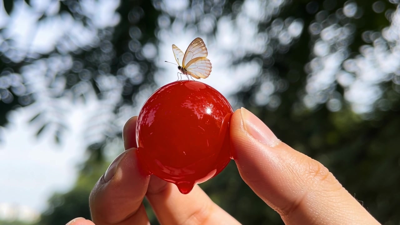 Polegar e indicador girando uma esfera vermelha entre árvores, revelando uma borboleta e formando uma gota.